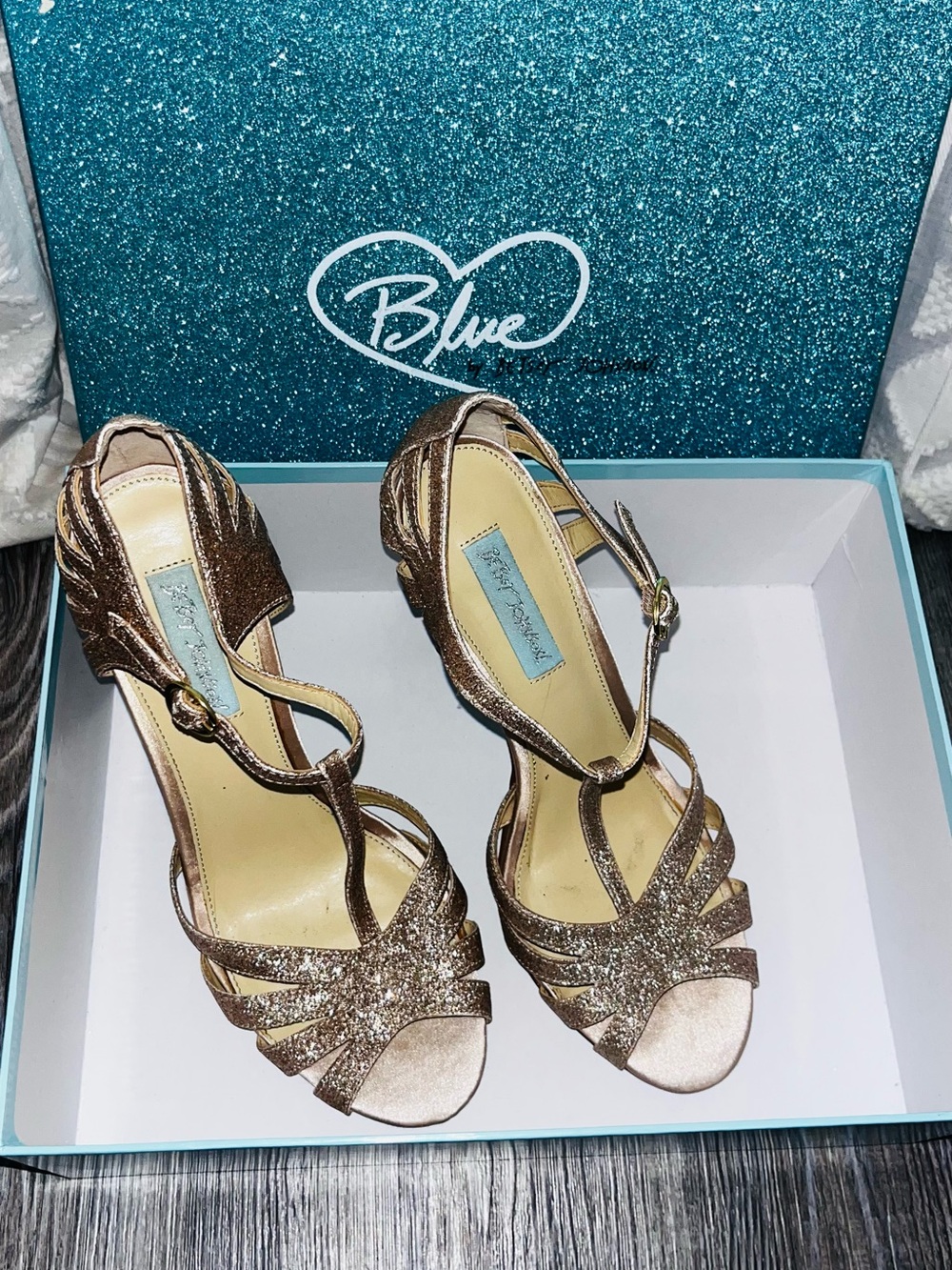 Blue by Betsey Johnson Rose Gold Glitter T-Strap Heels
